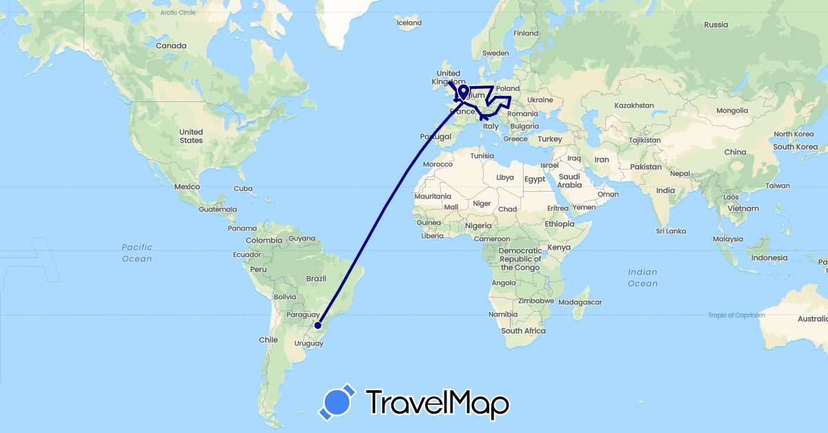 TravelMap itinerary: driving in Austria, Belgium, Brazil, Switzerland, Czech Republic, Germany, France, United Kingdom, Hungary, Italy, Netherlands, Poland, Slovenia (Europe, South America)